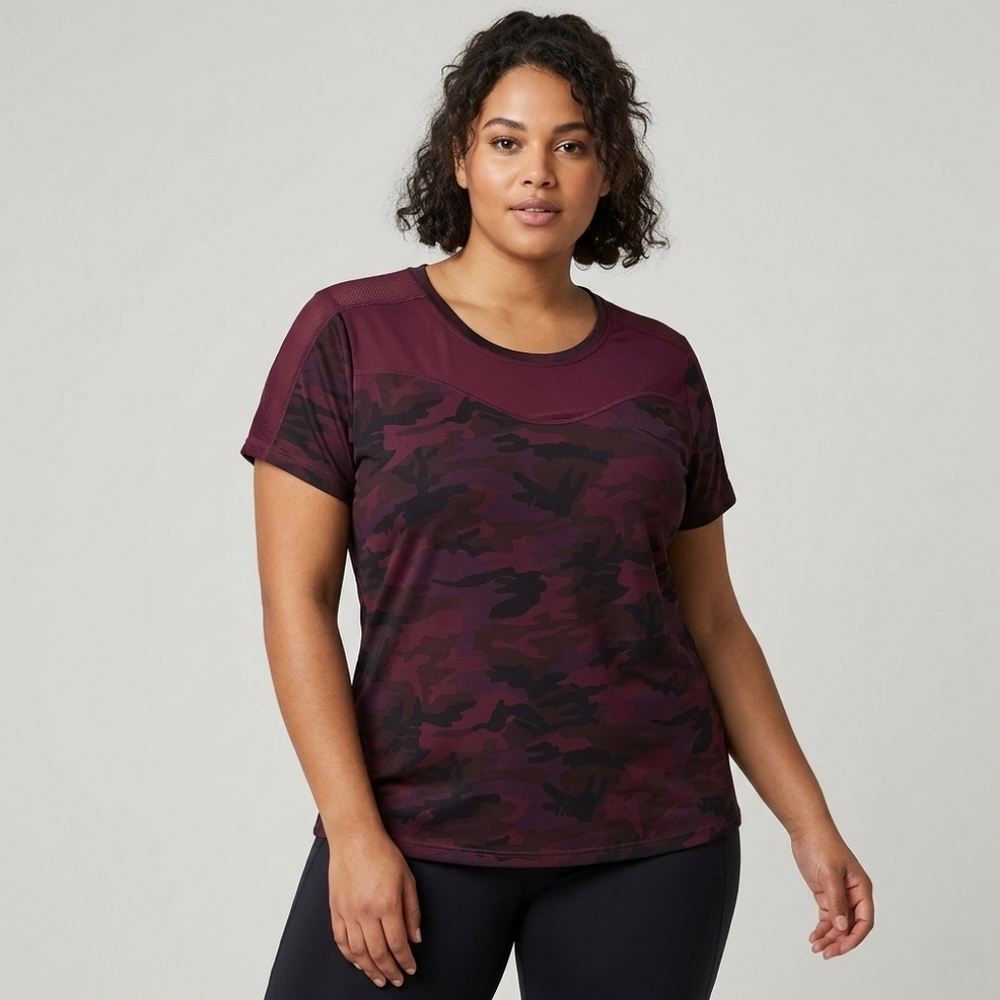 Hart Sport Activewear Top- Burgundy Camo Mesh Detail |Trendy Athleisure-1X